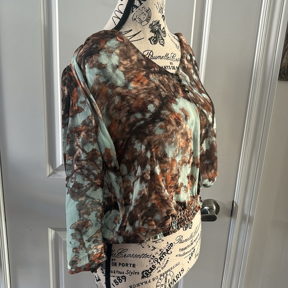 TED BAKER Erana Silk Floral Print Top Semi-sheer 3/4 Sleeve Blue Brown - Picture 3 of 7